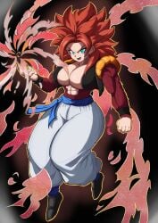 abs blue_eyes dokkan_battle dragon_ball dragon_ball_gt dragon_ball_super effects energy female_gogeta fur gogeta large_breasts metamoran_clothing metamoran_fusion red_hair rule_63 solo son_goku super_saiyan super_saiyan_4 vegeta