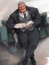 bulge butler clothing facial_hair flaccid fully_clothed human_chair kuki1210 male male_only moustache sitting_on_person size_difference suit