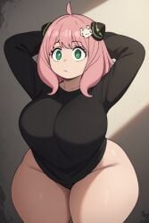 1girl 1girls ai_generated anime anya_forger black_panties black_shirt female female_focus female_only green_eyes hands_behind_head huge_ass huge_breasts large_ass large_breasts large_hips long_sleeves looking_at_viewer loose_shirt no_pants no_reaction pink_hair shirt simple_background spy_x_family tensor_art thick_thighs wide_hips yamathegod_(style)