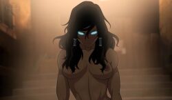 1girls avatar_legends avatar_state casual completely_nude determined eye_of_the_beholder female glowing_eyes hair_over_breasts human korra nickelodeon nude_female pale_skin shadow the_avatar the_legend_of_korra water_tribe