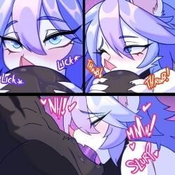 anthro bat biped blue_eyes blue_hair duo eyelashes fellatio female genitals ghastlyfish_(artist) hair heart_symbol hi_res male male/female mammal oral penile penis pupils sex white_body