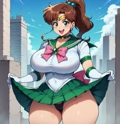 ai_generated bishoujo_senshi_sailor_moon black_thong clothing large_breasts looking_at_viewer massive_ass massive_breasts panties sailor_jupiter skirt skirt_lift smogai