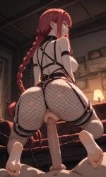 ai_generated ass ass_focus barefoot bondage booty butt chainsaw_man comically_large_cock feet fishnets leather_straps long_penis makima_(chainsaw_man) male penetration penis reverse_cowgirl_position