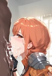 1boy 1girl ai_generated armor big_penis censored chocopizza church civitai cum_in_mouth cum_on_face dark-skinned_male fellatio female fire_emblem fire_emblem:_three_houses heart-shaped_pupils huge_cock interracial large_ass large_penis leonie_pinelli looking_at_viewer netorare nintendo ntr oral orange_eyes orange_hair shoulder_armor side_ponytail solo tunic