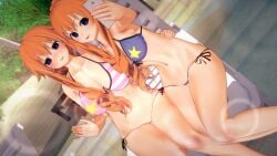 2girls 3d 3d_(artwork) beach big_breasts bikini blue_eyes blush breasts date_a_live koikatsu light-skinned_female long_hair medium_breasts orange_hair phone sitting taking_picture thighs twins yamai_kaguya yamai_yuzuru