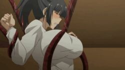 black_hair blush breasts exposed_breasts gif makoto_kitamichi nipples rakuen_shinshoku_island_of_the_dead stripped_by_tentacles tentacle tentacles_around_arms torn_clothes