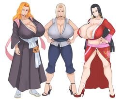 3girls absurd_res areolae_slip beauty_mark black_hair bleach blonde_hair blue_eyes boa_hancock breasts colored_nails crossover earrings female female_only hakama hands_on_hips hazel_eyes heels hi_res high_heels huge_breasts long_fingernails matsumoto_rangiku mature mature_female mole mole_under_mouth multiple_girls nail_polish naruto one_piece open_toe_shoes orange_hair panties sfh shoes sunnysundown thick_thighs tsunade wide_hips