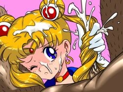 1boy besi_(besicam) bishoujo_senshi_sailor_moon blonde_hair blue_eyes cum cum_on_body cum_on_hair ejaculation facial female gloves hairjob partial_male sailor_moon spread_legs straight tsukino_usagi white_gloves