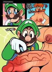 1boy 1futa balls big_breasts breasts completely_nude english_text erection futa_on_male futa_with_male futanari huge_cock humor light-skinned_futanari light_skin luigi male mario_(series) nintendo penis princess_daisy skateboard standing thegreyzen thehornyzen veiny_penis wholesome