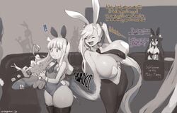 3girls ariane_cevaille big_breasts bouncing_breasts bunny_ears bunny_girl bunnysuit curvy height_difference huge_breasts leotard magister_(bigbakunyuu) narrow_shoulders original pandora_smith pear_shaped shiratama_liliana short_stack shortstack small_breasts spanking surprised thick_thighs thighhighs thin_arms tray twintails wide_hips