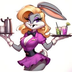 ai_generated anthro blonde_hair bowtie bugs_bunny cleavage female female_only furry genderswap_(mtf) gloves holding_object lagomorph looney_tunes makeup name_tag rabbit rule_63 scalieton scut_tail self_upload short_skirt uniform waitress warner_brothers