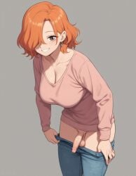 1futa ai_generated balls brown_eyes futa_only futanari orange_hair pants pants_pull penis shirt smile supergetthi