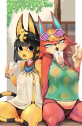 2girls alternate_breast_size animal_crossing ankha anthro anthrofied audie_(animal_crossing) big_breasts bubble_tea bubble_tea_challenge egyptian female female_only furry heart-shaped_pupils nintendo nipple_slip orange_fur peace_sign see-through see-through_clothing tagme xperla9693 yellow_fur