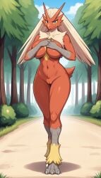 1girls 2024 ai_generated anthro avian big_breasts blaziken blue_hair breasts covered_nipples covering curvy_female curvy_figure digitigrade female female_only generation_3_pokemon hands_on_breasts hi_res innie_pussy looking_at_viewer milf nintendo nude nude_female outdoors pokemon pokemon_(species) pussy red_body thick_thighs underboob walking wide_hips yellow_body yellow_sclera