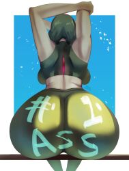 ass big_butt breasts clothed clothing curvy_figure digital_media_(artwork) english_text female gardevoir generation_3_pokemon green_hair hair hi_res huge_butt humanoid nintendo not_furry pokemon pokemon_(species) rear_view sana!rpg sitting solo stretching text text_on_butt thick_thighs white_body wide_hips