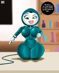 android bimbo bimbo_lips bimbofication body_swap curvy english_text gnashershells green_eyes m3gan m3gan_(film) moxie robot screen_face speech_bubble thick thick_thighs thighs