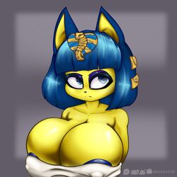 animal_crossing ankha areola_slip areolae big_breasts blue_eyes blue_hair breasts cat_ears egyptian emotionless feline female female_only huge_breasts iamzavok nintendo nipple_bulge overflowing_breasts tagme upper_body voluptuous yellow_body yellow_skin