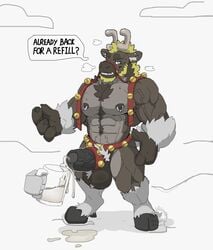 anthro big_penis bodily_fluids capreoline cervid cum cum_in_a_cup dialogue eggnog excessive_cum genital_fluids genitals hairy harness hi_res higgsfigs jazzwolf male mammal muscular penis presenting reindeer solo thurst