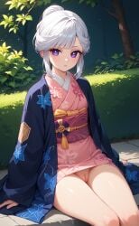 1girls ai_generated cameltoe cute demon_slayer looking_at_viewer medium_breasts purple_eyes pussy rengoart ubuyashiki_amane white_hair