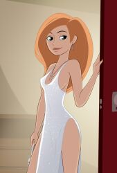 cleavage dress earrings female female_only fully_clothed green_eyes kim_possible kimberly_ann_possible originaltkw png side_slit side_slit_dress sideboob