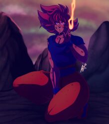 1boy big_ass big_butt blue_shirt dilf dragon_ball dragon_ball_super dragon_ball_z femboy femboy_dilf feminine_male gay heart_eyes jah_(artist) nails_painted pose red_eyes red_hair red_pants solo son_goku spiky_hair squatting super_saiyan_god thick_thighs tournament_of_power