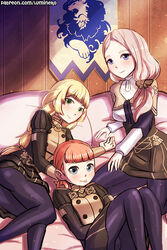 2019 3girls :p annette_fantine_dominic bangs blep blonde_hair blue_eyes dress female_only fire_emblem fire_emblem:_three_houses garreg_mach_monastery_uniform green_eyes hair_over_shoulder ingrid_brandl_galatea long_hair looking_at_viewer lumineko medium_breasts mercedes_von_martritz multiple_girls nintendo on_bed orange_hair pantyhose pillow short_hair small_breasts smile yellow_hair