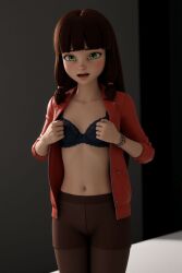 1girls accurate_art_style ai_generated belly black_bra bra bracelet flat_belly green_eyes leggings lila_rossi miraculous_ladybug navel open_clothes open_mouth small_breasts tagme