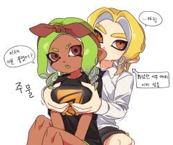 1boy 1girls blonde_hair breasts curly_hair dolphin_shorts expressionless grabbing_another's_breast green_hair groping ikki_(gsl_9708) necktie octoling octoling_boy octoling_girl octoling_player_character open_mouth ribbon shorts simple_background splatoon_(series) splatoon_3 tentacle tentacle_hair translation_request white_background