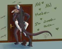 absurd_res against_door against_surface against_wall ambiguous_penetration andromorph anthro arms_around_partner black_sclera bodily_fluids bone bristled_fur brown_body brown_fur carpet cervine cloven_hooves crested_stag cum cum_drip cum_on_tail cuntboy deer demon dewclaw dewclaw_hooves dialogue dipstick_tail door door_handle dripping drooling duo ears_back fangs fearg_(crested_stag) felid_demon fur genital_fluids gloves_(marking) green_eyes hi_res hooves intersex intersex/male leg_markings legs_around_waist male mammal mane markings morrigan_(crested_stag) motion_lines muscular muscular_male onomatopoeia penetration pivoted_ears red_body red_fur saliva sex shaded signature skull skull_head socks_(marking) sound_effects stand_and_carry_position standing standing_sex tail tail_markings tan_body tan_fur tears tears_of_pleasure teeth text wood wood_door