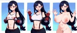 1girls ai_generated belt black_hair breast_expansion breast_lift breasts clothed clothing completely_nude disappointed earrings female final_fantasy final_fantasy_vii funnygrifter gloves hands_up happy huge_breasts large_breasts long_hair navel nude open_mouth pleasure_face pubic_hair red_eyes skirt small_breasts solo square_enix suspenders tank_top tifa_lockhart trembling