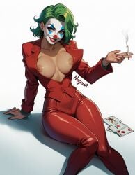 2d ai_generated batman_(series) breasts breasts_out cards cigarette clown clown_makeup dc_comics genderswap_(mtf) green_hair joker makeup mtf_transformation nipples penguih red_suit rule_63 simple_background sitting smoking white_background