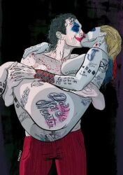 1boy 1girls areolae arthur_fleck ass ass_focus batman_(series) big_ass big_breasts big_butt blonde_hair breasts breasts_focus butt_focus closed_eyes couple dc dc_comics dcau female female_focus green_hair harleen_quinzel harley_quinn heterosexual joaquin_phoenix joker joker_(film) kissing lady_gaga long_hair male male/female male_focus nipples nude nude_female pachu_m._torres red_pants semi_nude straight tattoo tattoo_on_arm tattoo_on_ass tattoo_on_legs the_joker