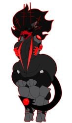 3_eyes big_breasts big_thighs black_body black_hair bone cybernetics cyborg demon holidaygirl huge_breasts huge_thighs prosthetic_limb skull_head sling_bikini spade_tail squished_breasts squishing_breasts
