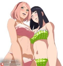 2girls black_hair blush bra breasts excaliblader female female_only hyuuga_hinata long_hair low-angle_view midriff naruto naruto:_the_last naruto_(series) open_mouth panties pink_hair sakura_haruno short_hair underwear