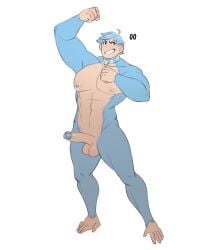 abs anthro ape balls beating_chest bell bell_collar blue_body blue_fur blue_hair collar erection fur genitals gorilla hair half-closed_eyes hand_feet haplorhine humanoid_genitalia humanoid_penis jamesab male mammal muscle_tone muscular muscular_anthro muscular_male narrowed_eyes pecs penis primate simple_background smile smirk smug smug_face smug_grin solo tan_body tan_fur white_background