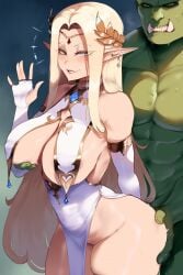 1boy 1boy1girl 1girls ai_generated big_ass big_breasts blonde_hair blush blushing cerestia_of_life covered_nipples curvy curvy_figure dress elf elf_ears elf_female elf_girl ene grabbing_ass grabbing_breasts grabbing_from_behind green_body green_skin groping hand_behind_back hips horny horny_female interspecies large_thighs last_origin looking_at_viewer muscular_male naughty_face netorare novelai ntr orc orc_male queen revealing_clothes royal royalty smile sweat sweating thiccwithaq_(ai_style) thighs waving waving_at_viewer white_dress white_gloves