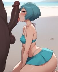 1boy 1girls ai_generated beach big_ass big_butt big_penis blush blushing dark-skinned_male female fuuka_yamagishi grey_eyes huge_cock interracial kneeling licking_penis male male/female persona persona_3 swimsuit swimwear zenbugens