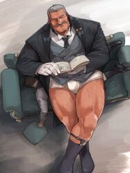 bulge butler clothing facial_hair flaccid human_chair kuki1210 male male_only moustache sitting_on_person size_difference underwear