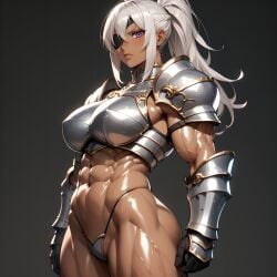 1:1 abs ai_generated armored_female bangs big_breasts dark-skinned_female eogard_orc female_knight looking_down_at_viewer muscular_female oiled_body original_character ponytail purple_eyes self_upload stable_diffusion white_hair