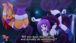 2girls angry ass blush bodysuit_aside boots dc dc_comics dialogue exposed_breasts female hanging_breasts imminent_rape imminent_sex imminent_tentacle_sex legs_up multiple_girls panties pantsu raven_(dc) restrained_by_tentacles ripped_clothing shimapan starfire striped_panties suspended_via_tentacles teen_titans tentacle tentacle_around_waist tentacles tentacles_around_arms tentacles_around_legs threetwigs torn_bodysuit torn_clothes torn_shirt underwear upskirt