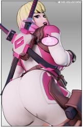 alternate_version_available ass_focus clothed clothed_female clothing fortnite fully_clothed fully_clothed_female gwen_poole gwenpool gwenpool_(fortnite) looking_back looking_back_at_viewer marvel marvel_comics multicolored_hair open_mouth presenting presenting_hindquarters sfw talking_to_viewer text text_bubble the_collectorhd