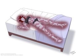 bed bed_sheet bondage eaten_then_fucked flesh_wall long_hair mimic original_character restained sports_bra sportswear sweat tentacle tentacle_under_clothes the_tentacle_professor vore xray_view