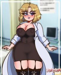 1girls 2d 2d_(artwork) artist_name bible_black black_dress blonde_female blonde_hair blonde_hair_blue_eyes blonde_hair_female blue_eyes bob_cut chin_length_hair cleavage cross_earrings digital_drawing_(artwork) digital_media_(artwork) female female_only kitami_reika lab_coat large_breasts light-skinned_female light_skin nurse off-shoulder_dress parted_bangs purple_lipstick school_nurse solo solo_female spooky_doom tagme thick_thighs thighhighs