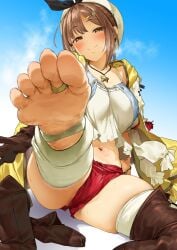 arm_support atelier_(series) atelier_ryza belt blush boots breasts bridal_legwear brown_eyes brown_footwear brown_hair commentary_request feet female foot_focus foot_up foreshortening gloves hair_ornament hairclip hat highleg_shorts highres jewelry looking_at_viewer medium_breasts navel necklace open_mouth partially_visible_vulva pija_(pianiishimo) red_shorts reisalin_stout short_hair short_shorts shorts single_boot sitting smile soles solo star_(symbol) steaming_body stirrup_legwear sweat thighhighs thighhighs_under_boots thighs toe_ring toeless_legwear toes unworn_boots upshorts white_hat