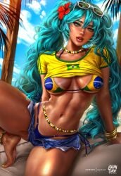 1girls abs absurd_res alternate_version_at_paywall alternate_version_available beach bead_bracelet bead_necklace beads blue_eyes blue_hair bracelet brazil brazilian_female brazilian_flag brazilian_flag_bikini brazilian_miku clothed denim denim_shorts detailed_background flag_bikini flower_in_hair gold_bracelet hatsune_miku latin_american_hatsune_miku_(meme) latina logan_cure navel necklace palm_tree shirt shirt_lift side-tie_bikini soccer_uniform solo suggestive sunglasses sunglasses_on_head tagme tan tan_body tan_lines tan_skin thong thong_bikini unbuttoned_pants unbuttoned_shorts vocaloid waist_beads wristwear