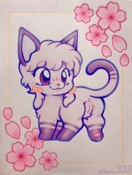 absurd_res anus ass bell cherry_blossom colored colored_pencil_(artwork) cute cute_face domestic_cat felid feline felis female feral flower genitals hi_res mammal pawpads paws pekopekokuma plant prunus_(flower) pussy ranma_1/2 shampoo_(ranma_1/2) shampoo_(ranma_1/2)_(cat) smile solo tail tongue tongue_out traditional_media_(artwork)