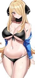 1girls 2021 alternate_breast_size bare_legs bikini black_bikini blonde_hair blue_jacket blush breasts brown_eyes cleavage cynthia_(pokemon) female female_focus female_only front-tie_bikini fur_collar hair_ornament hair_over_one_eye hanasaka_houcha hi_res hips huge_breasts jacket lipstick long_hair looking_at_viewer nintendo pokemon pokemon_dppt side-tie_bikini simple_background slim_waist smile smiling_at_viewer sweat sweaty_body swimsuit thick_thighs thighs underboob white_background wide_hips