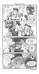 2girls 4koma alcohol assertive bandana beer beer_mug blush breast_sucking breasts camilla_(fire_emblem) camilla_(pirate)_(fire_emblem) cleavage comic cup drunk english_text fire_emblem fire_emblem_fates fire_emblem_heroes ge-b gebyy-terar greyscale hair_over_one_eye headband highres hinoka_(fire_emblem) hinoka_(pirate)_(fire_emblem) implied_sex monochrome mug nintendo official_alternate_costume short_hair speech_bubble sweat text upper_body yuri