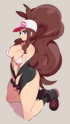 1girls 2021 alternate_breast_size ass bare_legs belly_button bikini bikini_top black_jacket black_shoes blue_eyes breasts brown_hair female female_focus female_only hat hilda_(pokemon) hips jacket kneeling large_breasts long_hair long_ponytail looking_to_the_side nac000 nintendo pokemon pokemon_bw ponytail posing simple_background slim_waist solo thick_thighs thighs white_background white_bikini_top white_hat wide_hips wristband