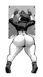 1girls ass atlantis:_the_lost_empire audrey_ramirez big_ass bottomless dark_hair disney female hat human jacket large_ass looking_back monochrome pussy redblacktac solo tomboy wide_hips